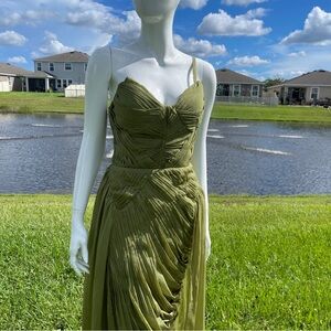 Elegant Olive Green Pleated Dress